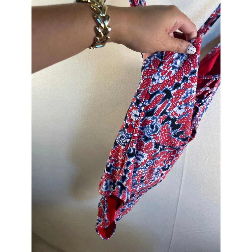 Michael Kors Red Blue‎ Paisley Lace Up One Piece Swimsuit Floral Size 10